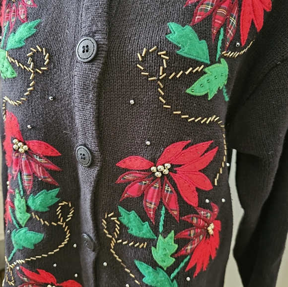 One Resource Black Christmas Poinsettia Sweater Cardigan - Picture 4 of 6